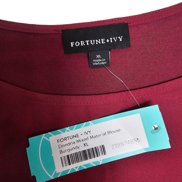 NWT Fortune+Ivy Burgundy Dondria Mixed Material Blouse Size XL - Picture 3 of 8